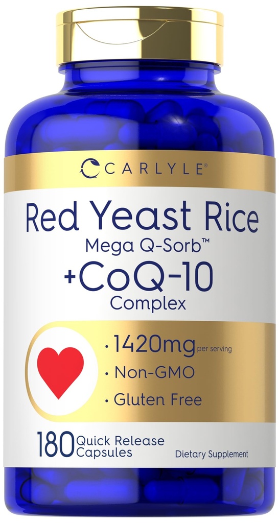 Carlyle Red Yeast Rice with CoQ10 Complex TEN 1420 mg TEN 180 Capsules TEN Mega Q-Sorb TENIDO Non-GMO, Gluten Free Supplement