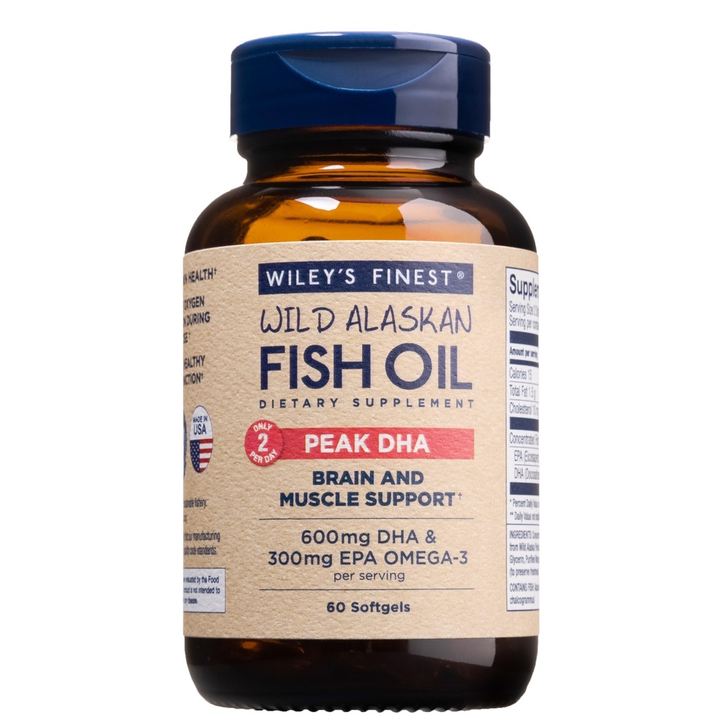 Wiley's Finest Wild Alaskan Fish Oil Peak DHA - 900mg EPA y DHA Omega-3 - 60 Softgels (30 Serviciones)