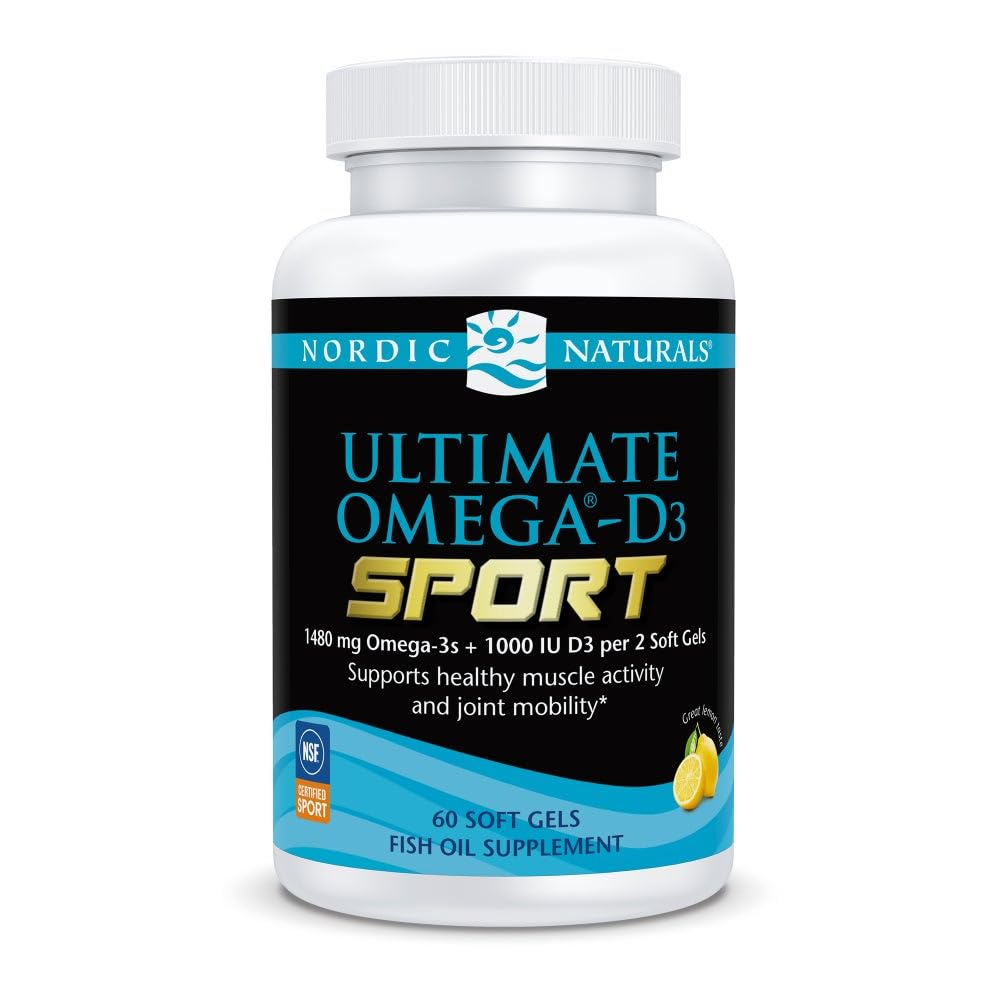 Naturales nórdicos Ultimate Omega-D3 Sport, Lemon - 60 Gels blandos - 1480 mg Omega-3 + 1000 UI Vitamina D3 - NSF Certified - Supports Muscle, Bones, Focus &amp; Endurance - 30 Servimientos