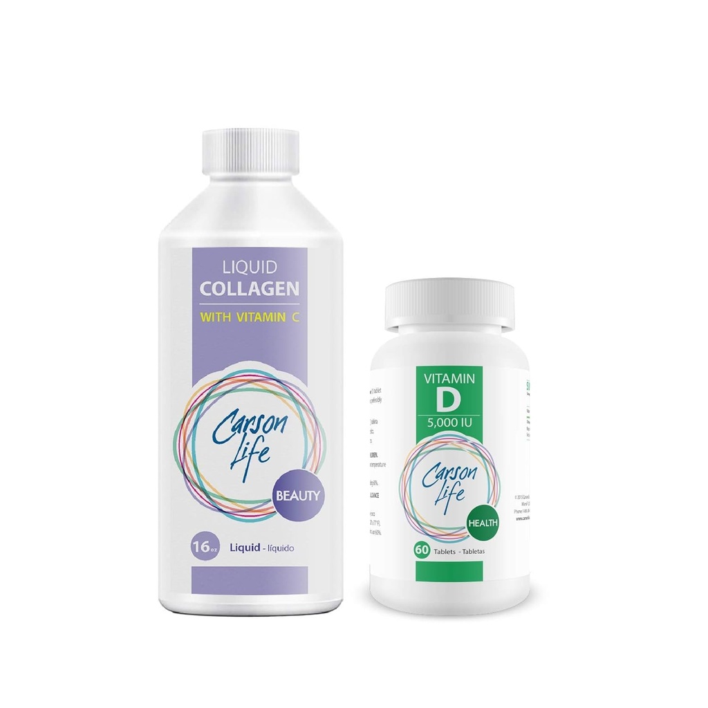 CARSON LIFE - Líquido colágeno con vitamina C 1 Botella, 16 Oz Bundle con vitamina D Suplemento 1 Botella, 10.000 UI, 60 Tabletas para músculos fuertes, huesos, dientes, envejecimiento, piel de pelo &amp; uñas