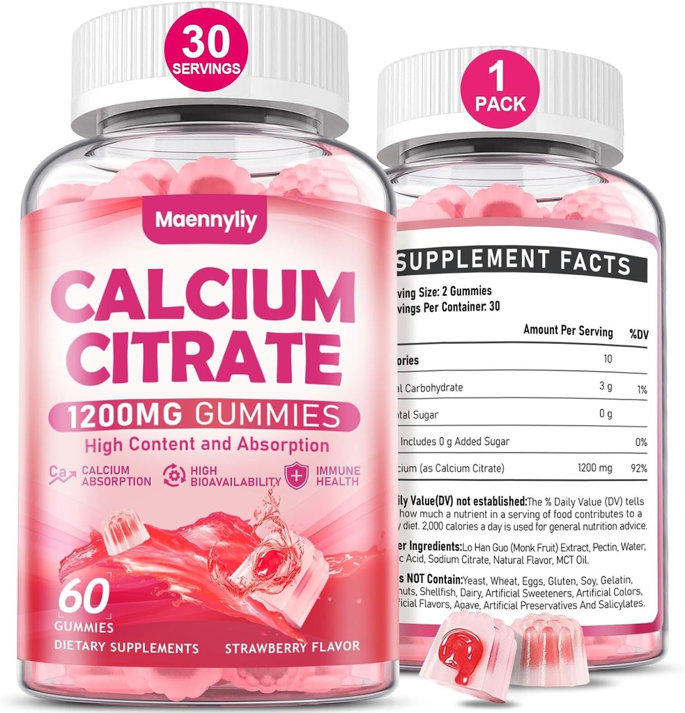 Calcium Citrate Gummies 1200 mg para adultos: Ultimate Absorption Suplemento de calcio para hombres y mujeres - Fácil de digerir, Vegan, No GMO, Gluten Gratis - Natural Strawberry Flavor