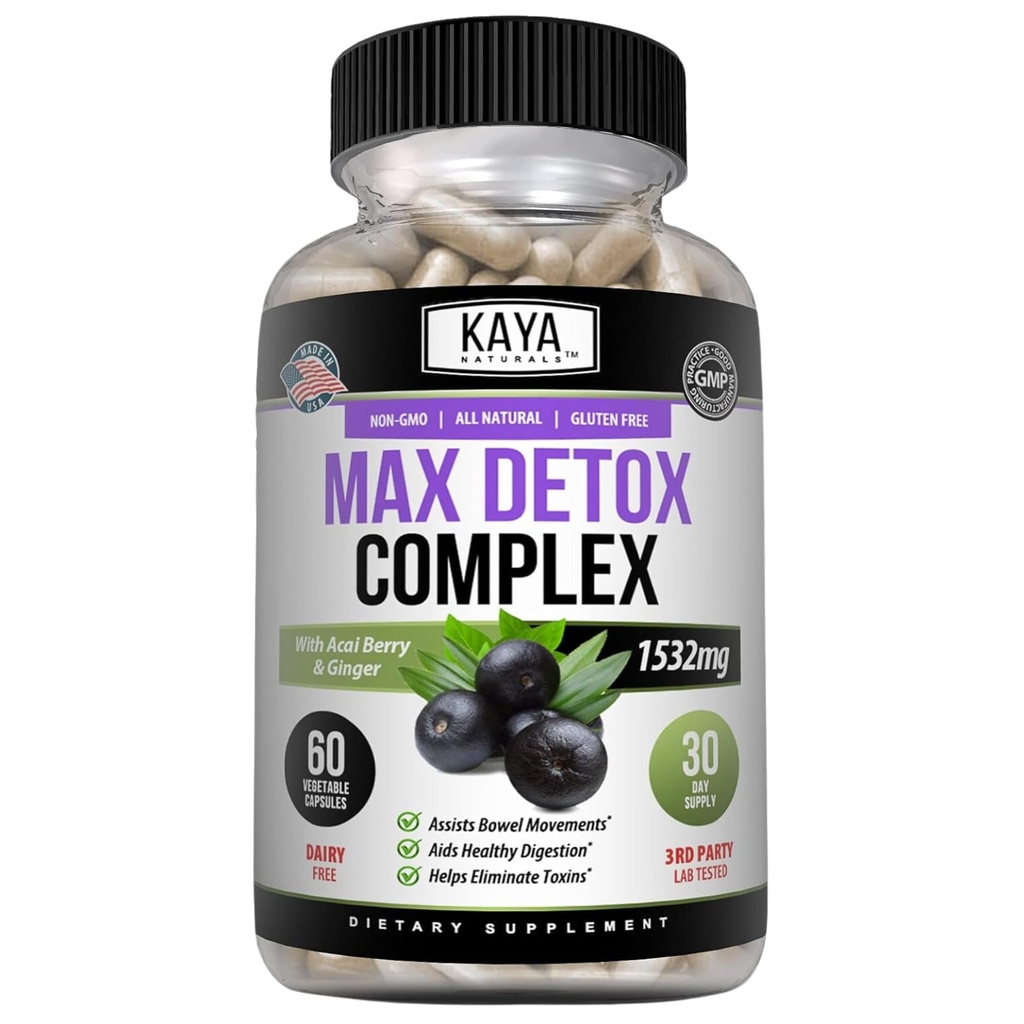 Kaya Naturals Max Detox Suplemento Herbal - Ingredientes Naturales 1532 mg - Psyllium Powder, Acai Berry Extract, Ginger Root 60 Conde