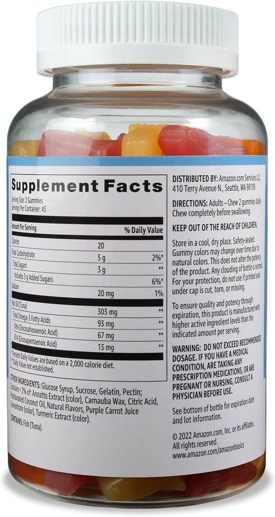 Amazon Basics Fish Oil 303 mg, Lemon, Orange & Strawberry-Banana Flavors, 90 Gummies (2 por Serving), EPA y DHA Omega-3 Ácidos grasos (antes Solimo) (Pack of 2)