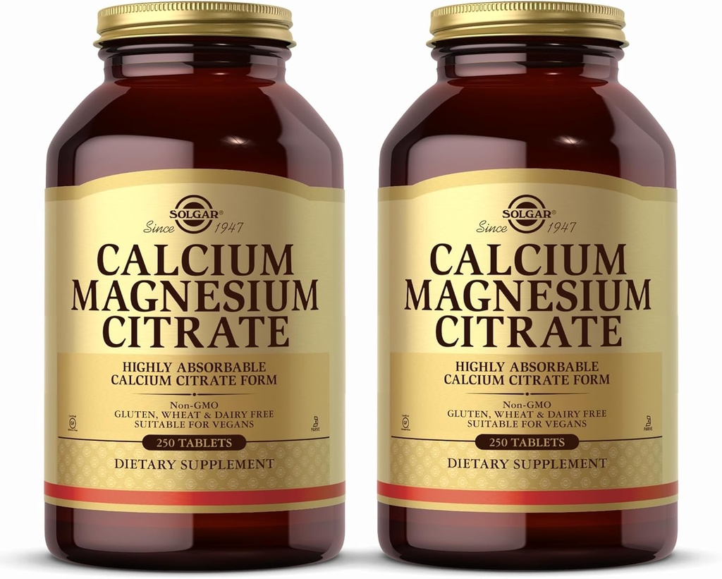 Citrato de magnesio Solgar Calcio, 250 Tabletas (Pack of 2) - Soportes Huesos saludables " Dientes - Musculoesquelético " Apoyo al sistema nervioso - Altamente Absorbable - No OGM y Vegan - 100 Servicios totales