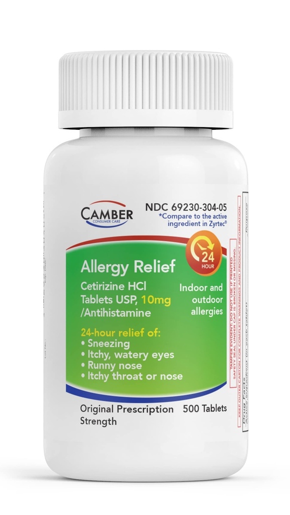 CAMBER PHARMACEUTICALS, INC Cetirizine HCI 10mg Tablets, 24-Hour Alergy Relief, Allergy Medication - 500 Count