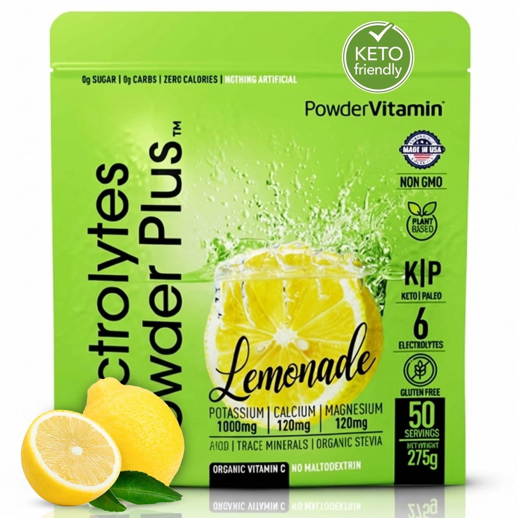Electrolytes Powder Plus (50 Servings), 0 Calorie Keto, 0 Sugar, No Maltodextrin,1000mg Potasio,120mg Calcium,120mg Magnesium, Hidration Powder (50 Servings, Lemonade)