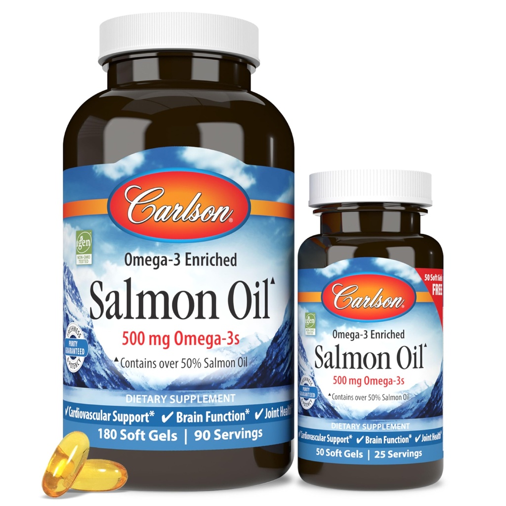 Carlson - Norwegian Salmon Oil, 500 mg Omega-3, Norwegian Salmon Oil Supplement, Wild Caught Omega 3 Salmon Oil Capsules, Fuente sostenible, Brain, Heart &amp; Joint Health, 180+50 Softgels
