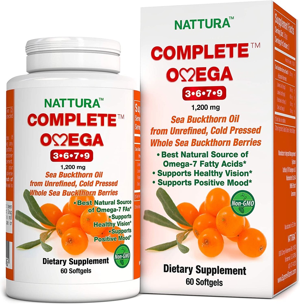 Nattura Complete Omega 3-6-7-9, Pure Sea Buckthorn Oil, European Quality, from Unrefined, Cold Pressed Whole Sea Buckthorn Wild Berries - Non-GMO, Certified Kosher, Gluten-Free 1 Botella - 60 cápsulas