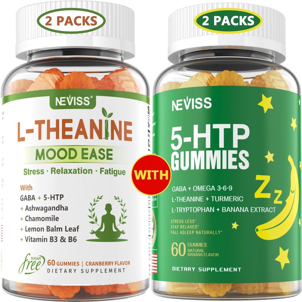 NEVISS Sugar Free L-Theanine Calm Gummies 120 Condes + Azúcar Gratis 5-HTP Gummies 120 Condes