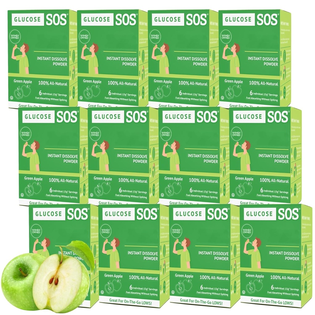Glucose SOS Glucose Powder Packets with Natural Dextrose, Fast-Absorption Que instantáneamente disuelve en su boca sin agua necesitada, Green Apple 72 Servimientos