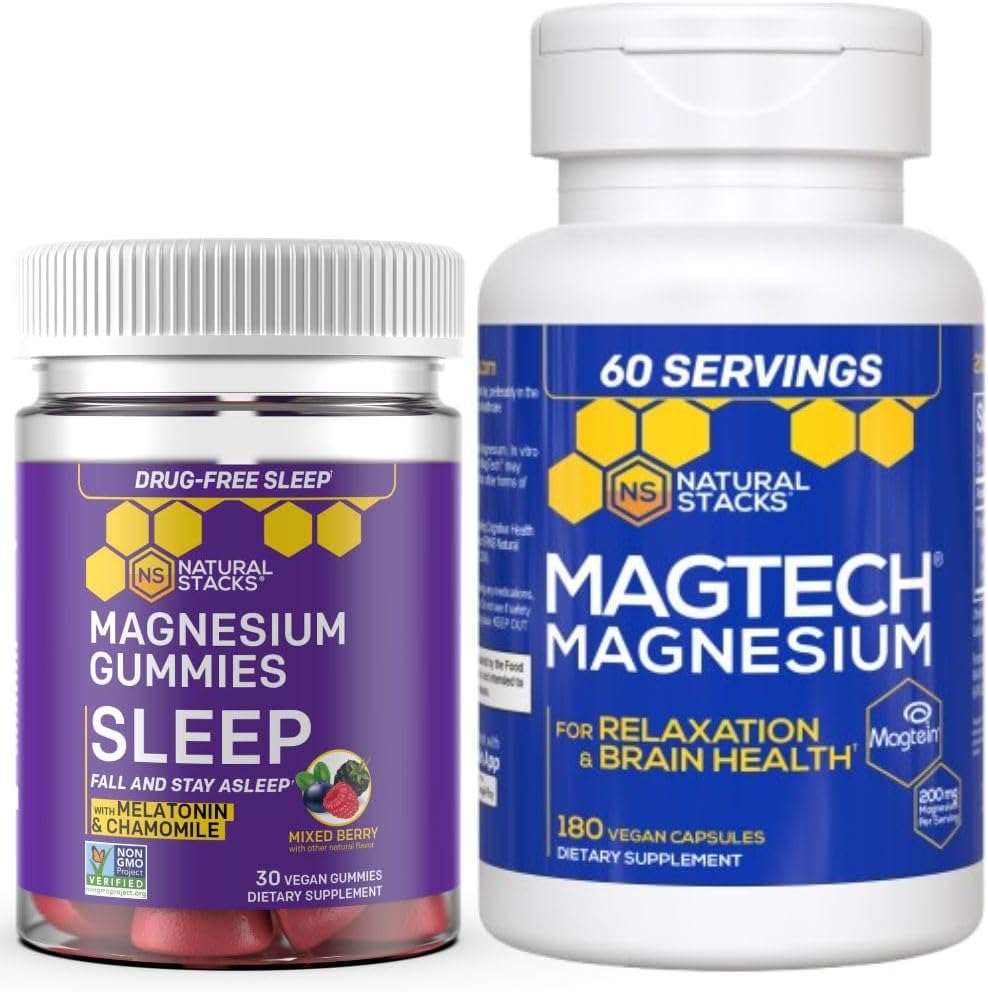 Natural Stacks Magtech Magnesium + Sleep Magnesium Citrate Gummies Bundle - 4 Formas de Magnesio - Apoyos Relajación y Salud Cerebro* - 210 piezas