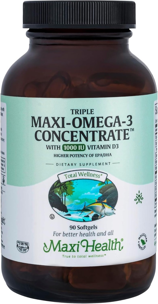 Maxi Health Triple Concentrate Omega-3 - Fish Oil -"1000 IU" Vitamina D3-90 Capsules - Kosher