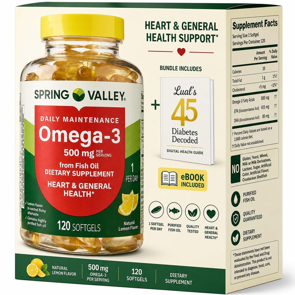 Spring Valley Omega-3 de Fish Oil 500 mg 120 Conde, SoftGels, General &amp; Heart Health Dietary Supplement Bundle with Luall's 45 Diabetes Decoded