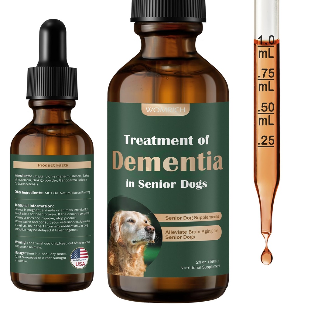 Senior Dog Supplements for Brain Health & Nervous System Support, Mushroom Supplement for Dogs, Dementia Supplement for Calming & Relaxation, Addresses Getting Lost, Social Withdrawal - 59 ML