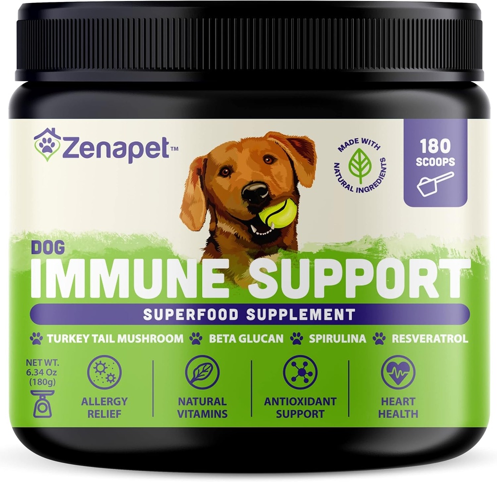 ZENAPET Dog Immune Support Premium Powder Topper, Turquía Tail, Spirulina &amp; Beta-Glucan, Soporta un sistema saludable de inmunodeficiencia " , Human-Grade, Made in USA