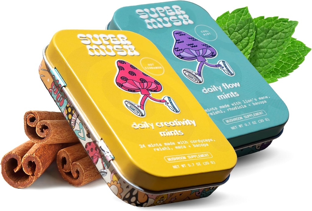 SuperMush Daily SuppleMint - 2 Flow & Focus Mints + 2 Creativity & Connection Mints - Suplementos de la menta de hongos - Lions Mane, Cordyceps y Reishi Mixed Mushrooms