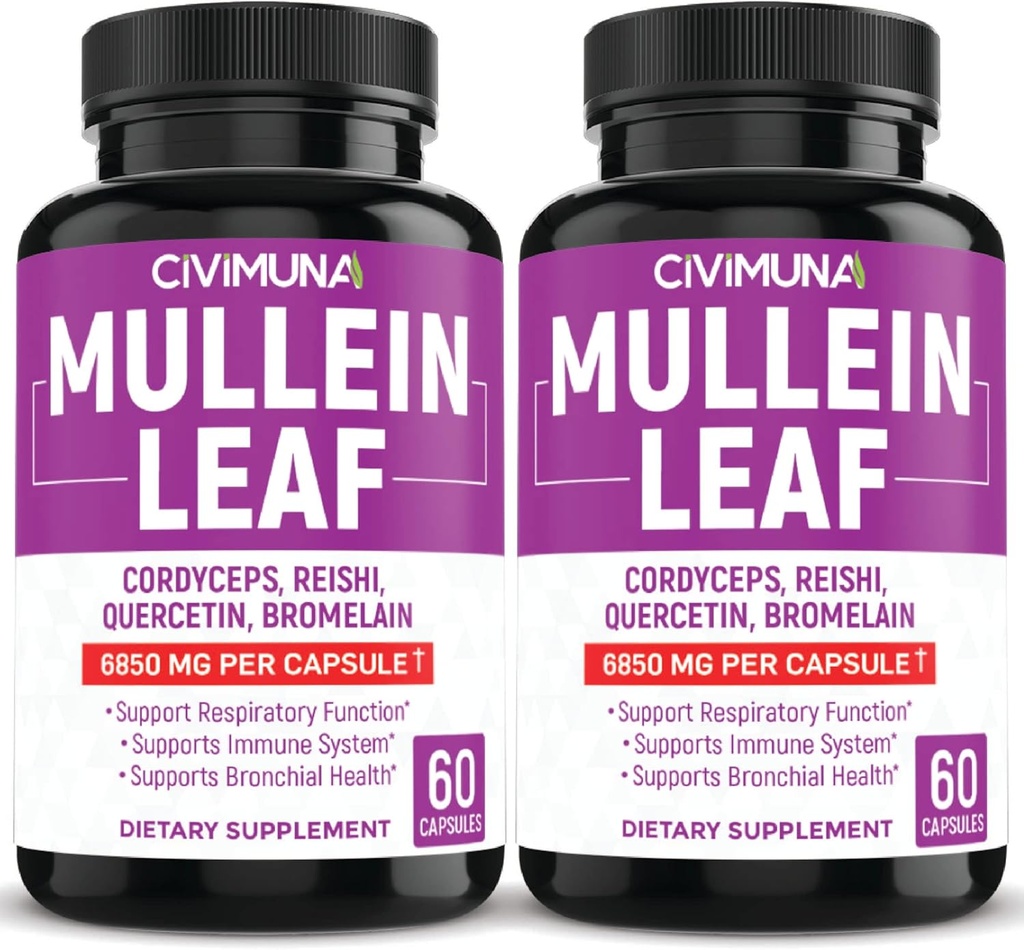 (2 Packs) Mullein Leaf Capsules 6850mg - Mullein Leaf, Cordyceps, Reishi - Suministro de 4 meses