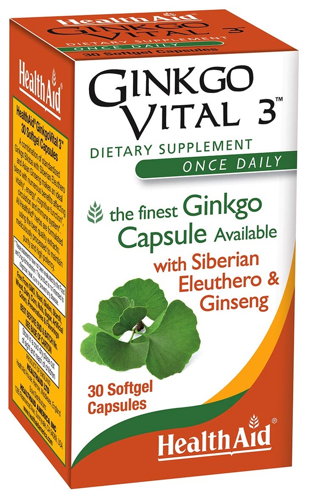 HealthAid Ginkgo Vital 3 – Once-Daily Softgel con Ginkgo Biloba, Siberian Eleuthero & Korean Ginseng ← Soporta la Claridad Mental y la Circulación