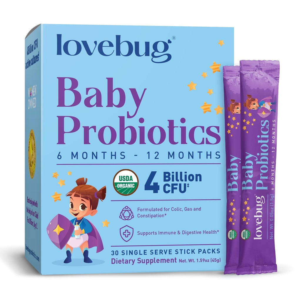 Probióticos LOVEBUG para bebés - Probióticos biológicos para bebés 6-12 meses para bebé inmunitario, gas, cólico, diarrea &amp; estreñimiento Alivio del azúcar, polvo sin sabor, 30 Pack