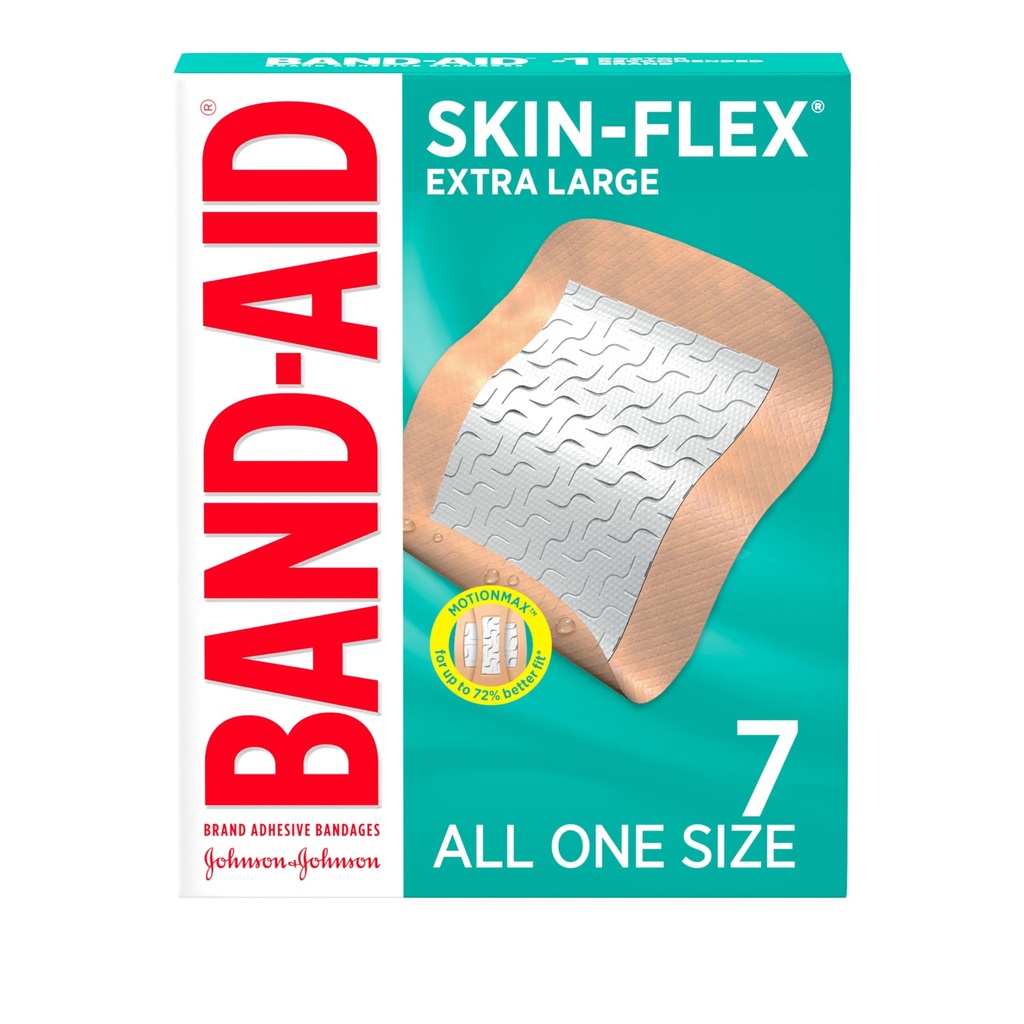 BAND-AID Brand Skin-Flex Adhesive Bandages, Extra Large, 7 Count | Flexible Protection, Sterile Wound Care for Minor Cuts, Scrapes & Burns, First Aid Kit Essential, For Fingers, Hands & Knees