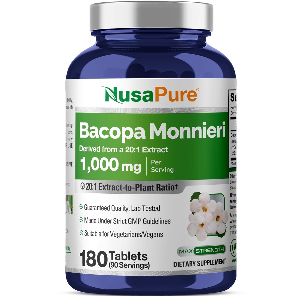NusaPure Bacopa Leaf Monnieri Extracto 20,000 mg 180 Tabletas (Extract 20:1, Non-GMO, Gluten Free)