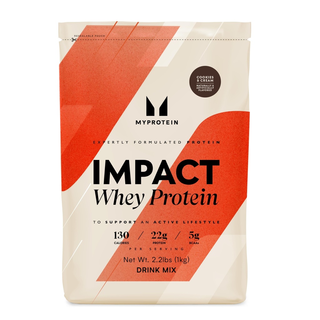 Myprotein Impact Whey Protein Powder, 2.2 Lbs (32 Servings) Cookies " Cream, 22g Protein " 5g BCAA Por Serving, Protein Shake for Superior Performance, Muscle Strength " Recovery, Gluten Free