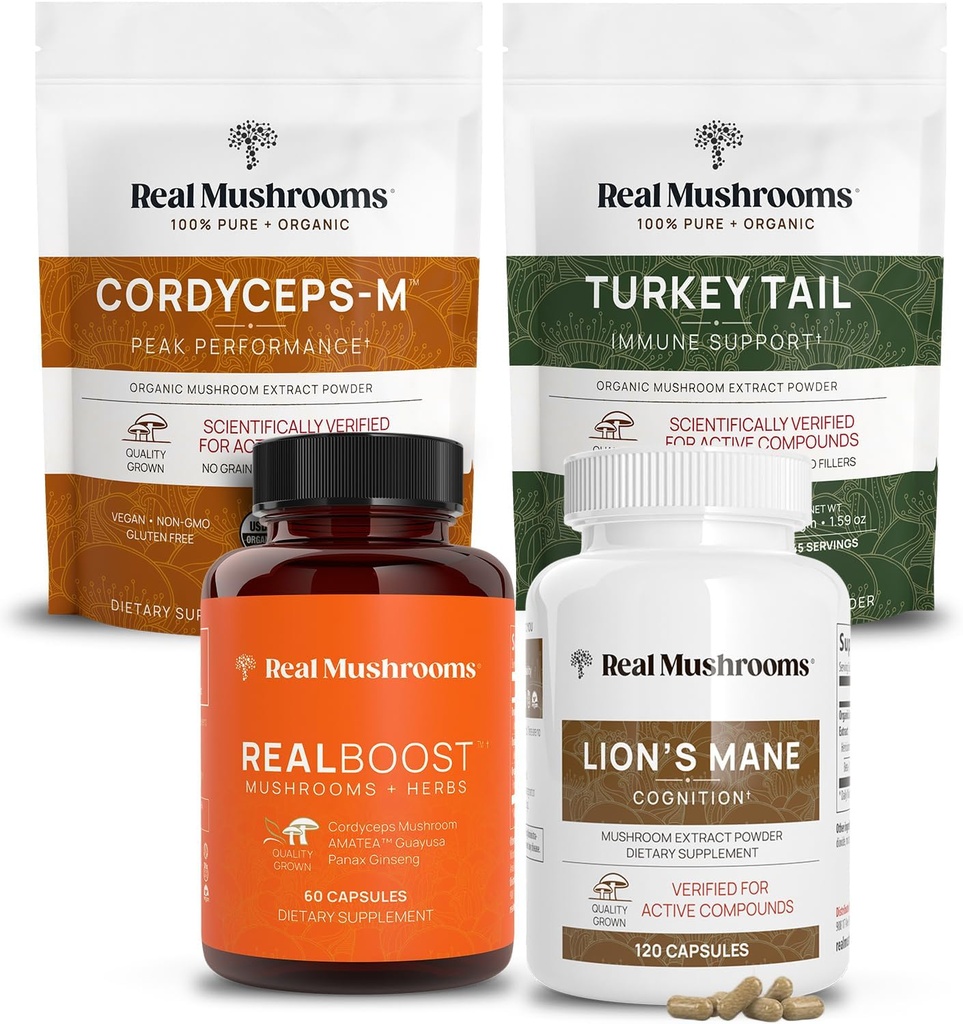 Real Mushrooms RealBoost (60ct), Lions Mane (120ct), Cordyceps & Turquía Tail Mushroom Powder " Capsules Bundle - Mushroom Supplement for Energy, Vitality, Endurance " Cognition - Vegan, Non-GMO
