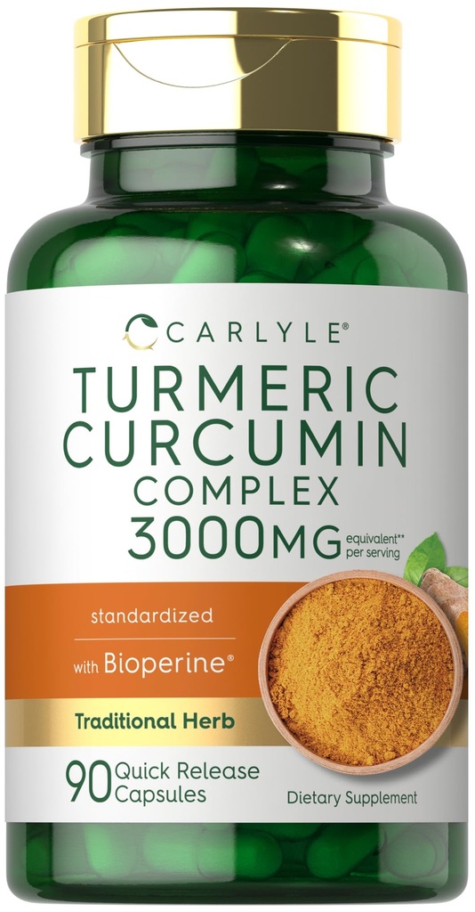 Carlyle Turmeric Curcumin with Black Pepper 3000mg ← 90 Powder Capsules  durable Suplemento Complejo con Bioperine  durable Non-GMO, Gluten Free