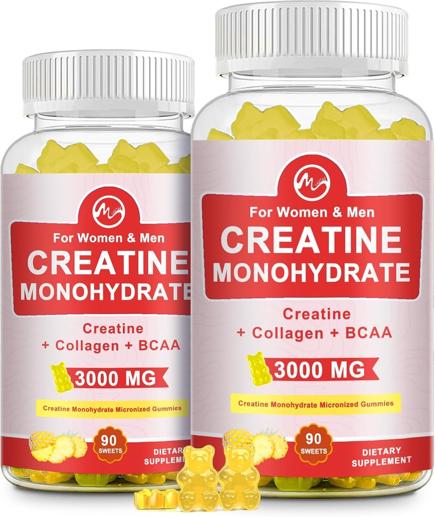 Cretina Gummy, 3g de Monohidrato de Creatina por Serving, Monohidrato de Sugar Libre de Creatina Gummy para el Crecimiento Musculo y Fuerza con 0.5g Collagen, 0.2g BCAA, 60 Servimientos, Flavor de Piña, 2 Pack