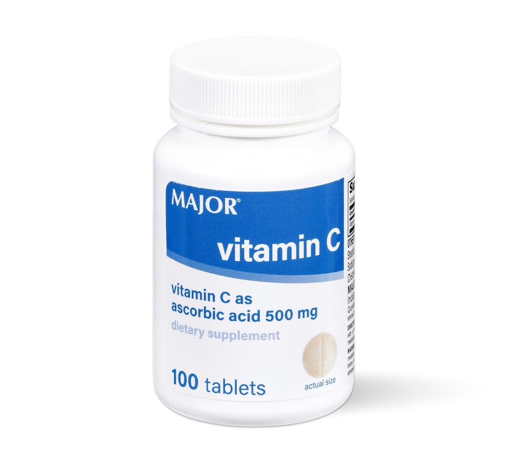 MAJOR Vitamina C-500 mg Ácido ascóbico - Vitamina C Tablas - Suplemento dietético - 100 Cuenta (1 Pack)