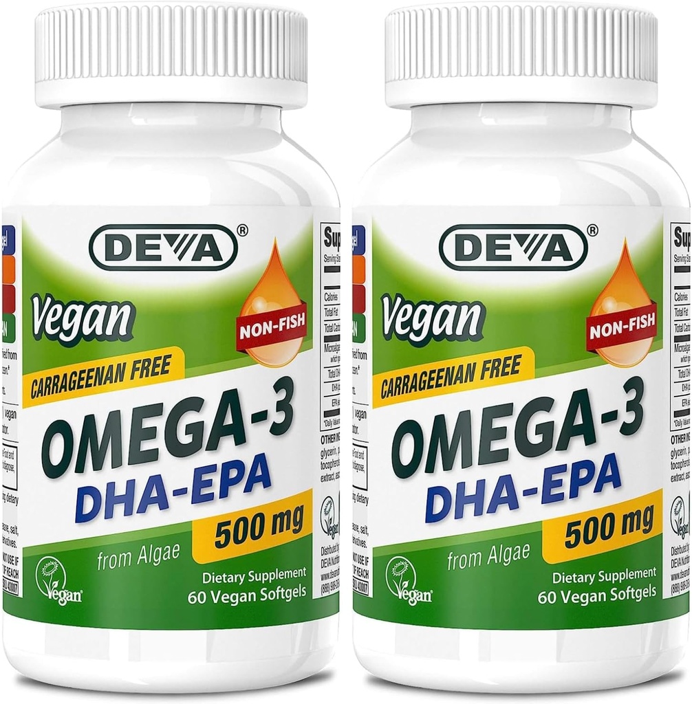 DEVA Vegan Omega-3 DHA-EPA 500MG 2-Pack – No Carrageenan, aceite no fish derivado de Algae, No GMO, 60 Gelatin-Free Softgels Ea