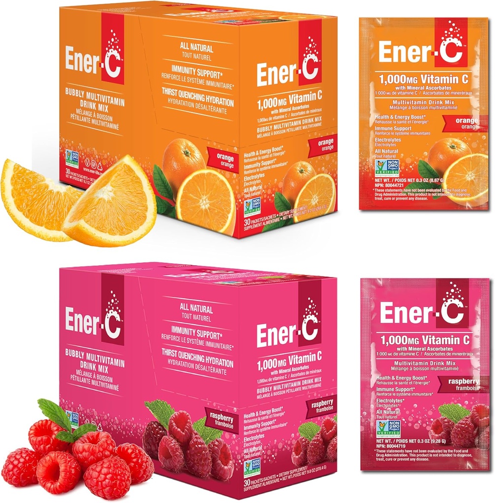Ener-C Orange & Raspberry Multivitamin Drink Mix Powder Vitamina C 1000mg & Electrolitos con Jugo de Frutas Reales Energía Natural & Apoyo Inmunitario para Mujeres & Hombre - No GMO Vegan & Gluten Free - 60 Conde