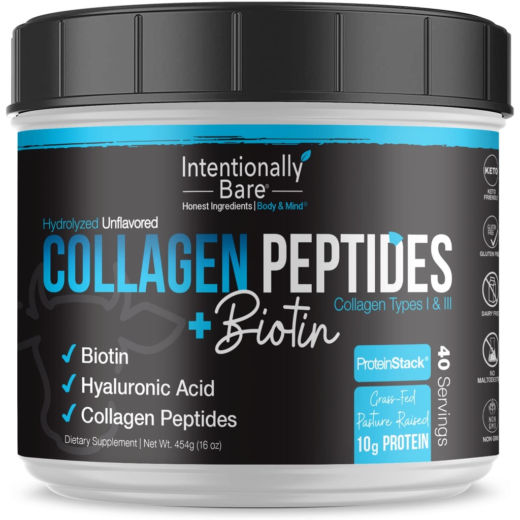 Intencionally Bare Collagen Powder Unflavored - Colagen Peptides Polvo con ácido hialurónico Biotina - No GMO &amp; Grass Fed Collagen Powder Protein con 10g Proteína - Keto Collagen Powder 40 Servings