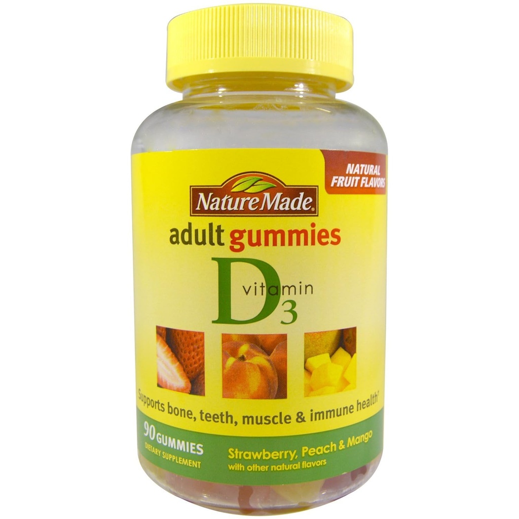 Nature Made Vitamina D 3 Adult Gummies Strawberry - Peach & Mango, 90 Gummies, 3 Cuenta