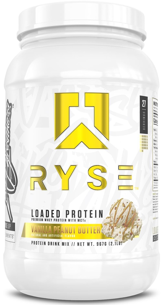 Polvo de proteína cargada RYSE - Manteca de maní de vainilla - 25g Whey Protein Isolate " Concentrate with Prebiotic Fiber " MCTs - Low Carb, Low Sugar, Digestive-Friendly - 27 Servings / 2 lb Tub