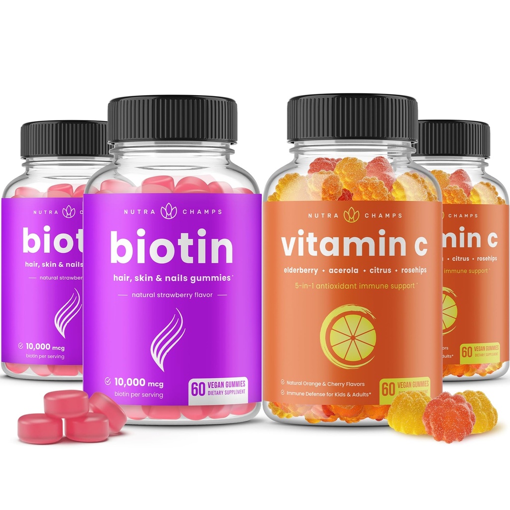 NutraChamps Biotin Gummies (2 Pack) y vitamina C Gummies (2 Pack) 4 Pack Bundle