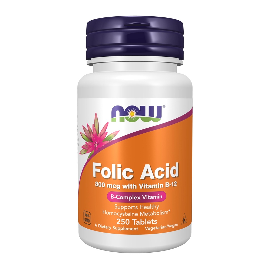 AHORA Ácido fólico 800 mcg con vitamina B-12,250 tabletas