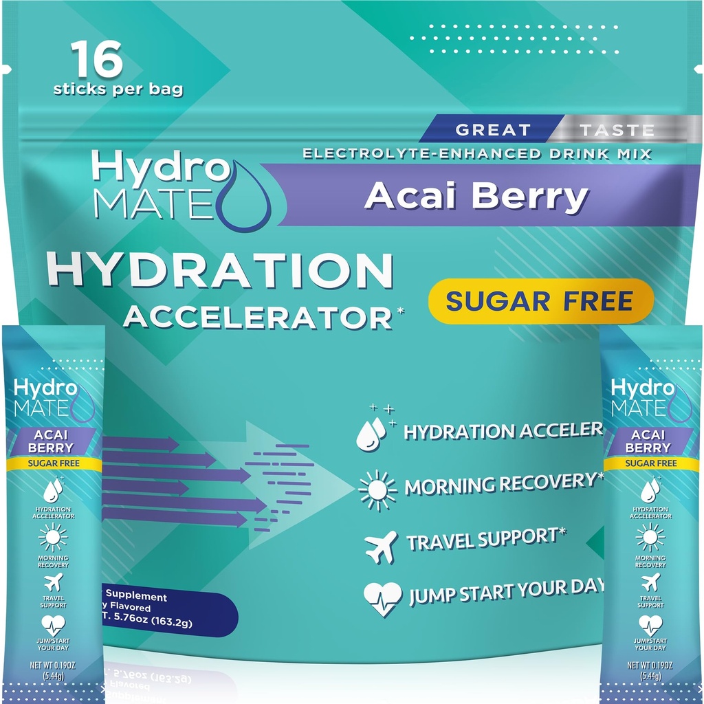 Electrolyte Powder Hidratación sin azúcar Packets Acai Berry HydroMATE 16 Sticks
