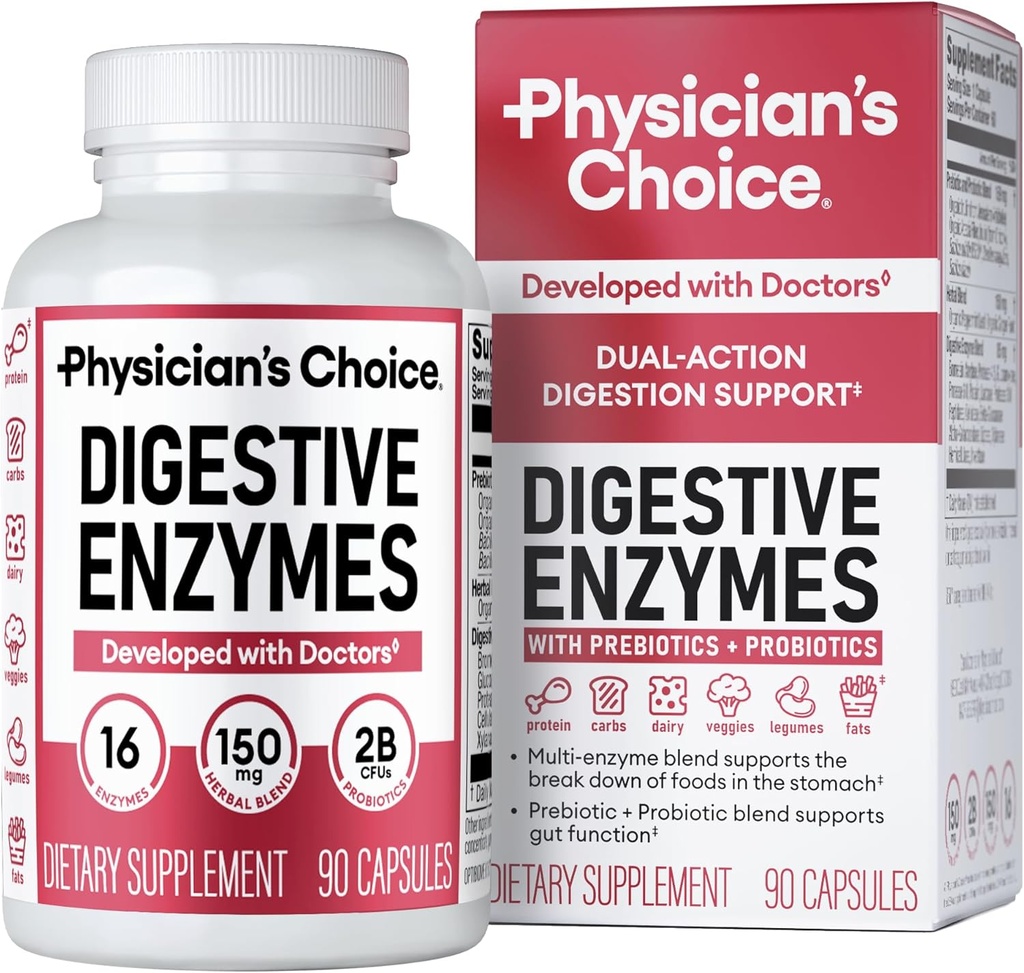 CHOICE del Médico Enzimas digestivas - multi enzimas, prebióticos orgánicos " Probióticos para la salud digestiva " Gut Health - Alivio de la molestia del tiempo de la comida - Dual Action Approach - 90 CT