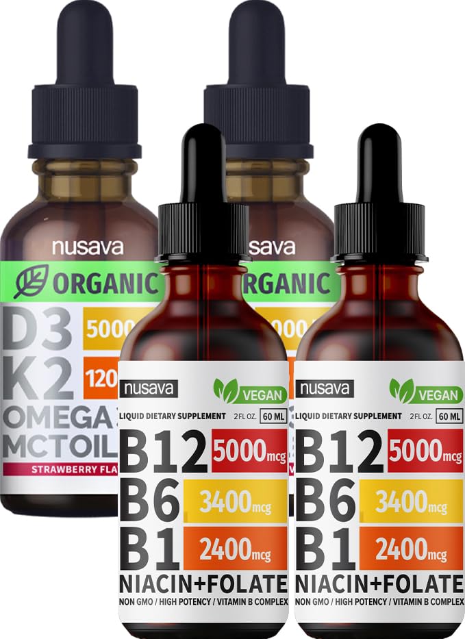 NUSAVA Vitamina B12 Liquid Drops and Strawberry Flavored D3 K2 Bundle - Potent Liquid Vitamins for Heart, Joint, Energy, &amp; Immune Support - Non-GMO, Gluten-Free, 2pk Every