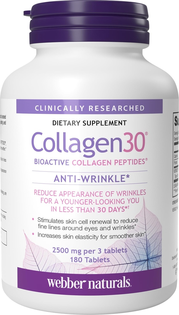 Webber Naturals Collagen30 Anti-Wrinkle, 2.500 mg de péptidos de colágeno bioactivo por ser, 180 Tablets, Ayuda a reducir las arrugas profundas, líneas finas &amp; estimula las células de la piel, no GMO, lácteo &amp; gluten Gratis