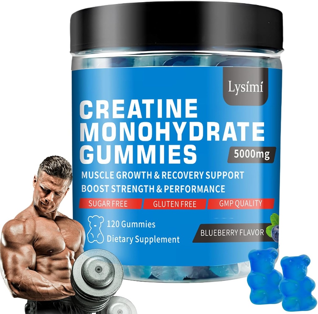 Cretina Monohydrate Gummies - 5g de Monohidrato de Creatina por Serving- Incrementar Fuerza y Construir Muscle, Sugar Gratis, Vegan, Blueberry Flavor, Cada botella/120 Capsules, para Hombres &amp; Mujeres (1)
