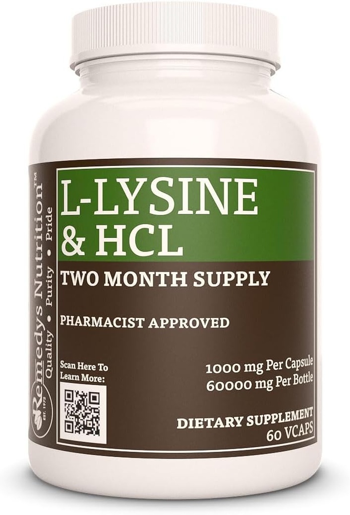 Nutrición de Remedy L-Lysine HCL ANTE 1000 mg, 60 cápsula vegana Aminoácidos Suplemento dietético TENIDO Dos meses de suministro