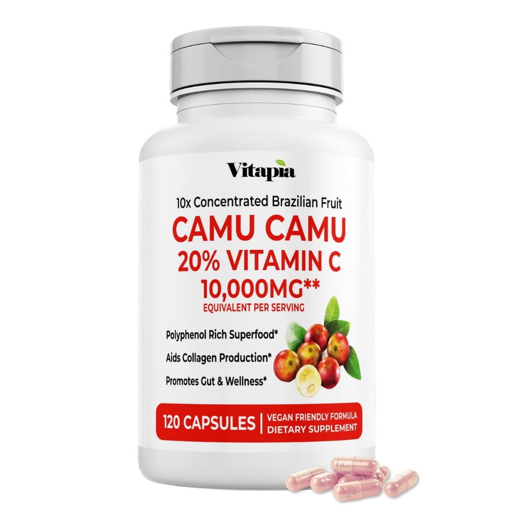 Orgánica Camu Extract 20% Vitamina C Capsules - Immune, Collagen, Metabolism Support - 120 Veggie Capsules - No GMO, Gluten Free, Vegan Suplemento