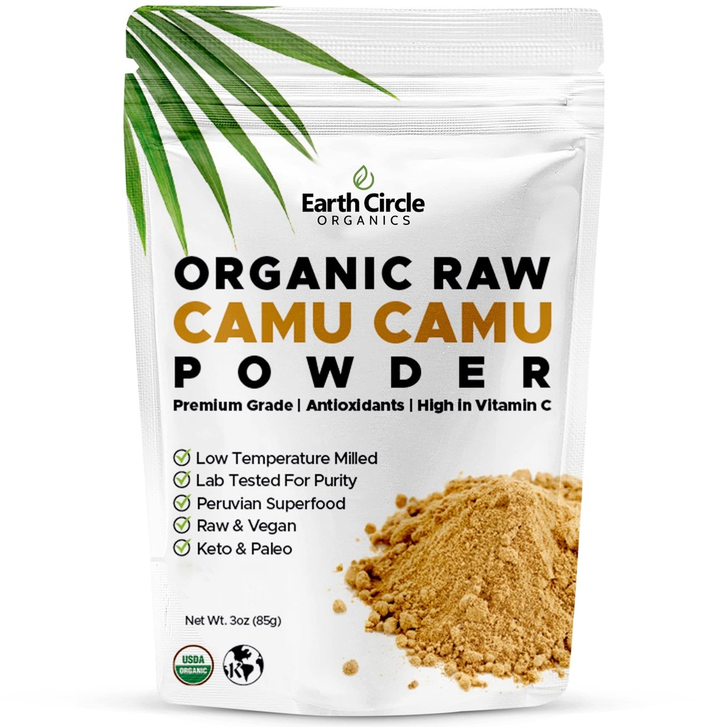 Círculo de la Tierra Orgánica Camu Camu Powder – Pólvora de Berry cruda orgánica con Antioxidantes de vitamina C natural – Vegan, Kosher, Superalimentos no transgénicos para la inmunidad y la energía – 3oz (Pack of 1)