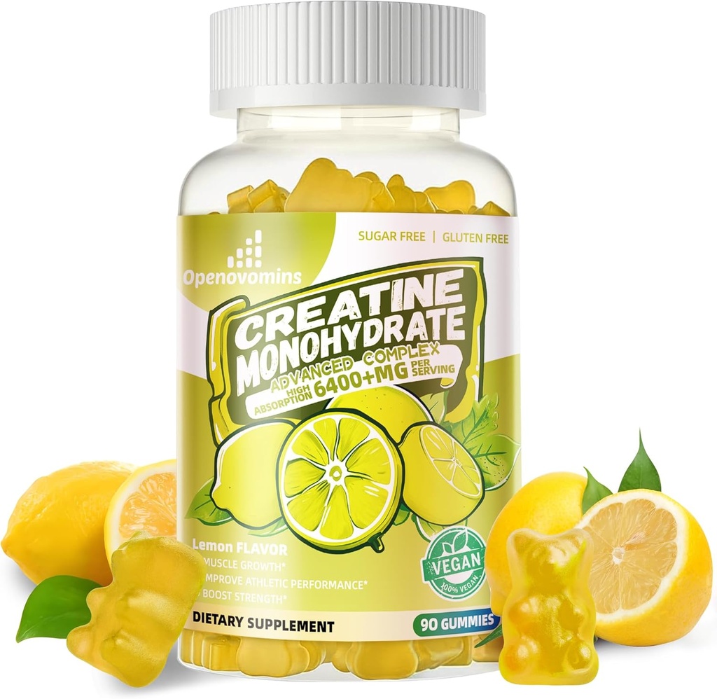 Complejo de Gummies de Monohidrato de Creatina para Hombres y Mujeres -Fórmula avanzada W/L-Taurina + Vitamina B12, Sugar suplemento Chewable Libre,90