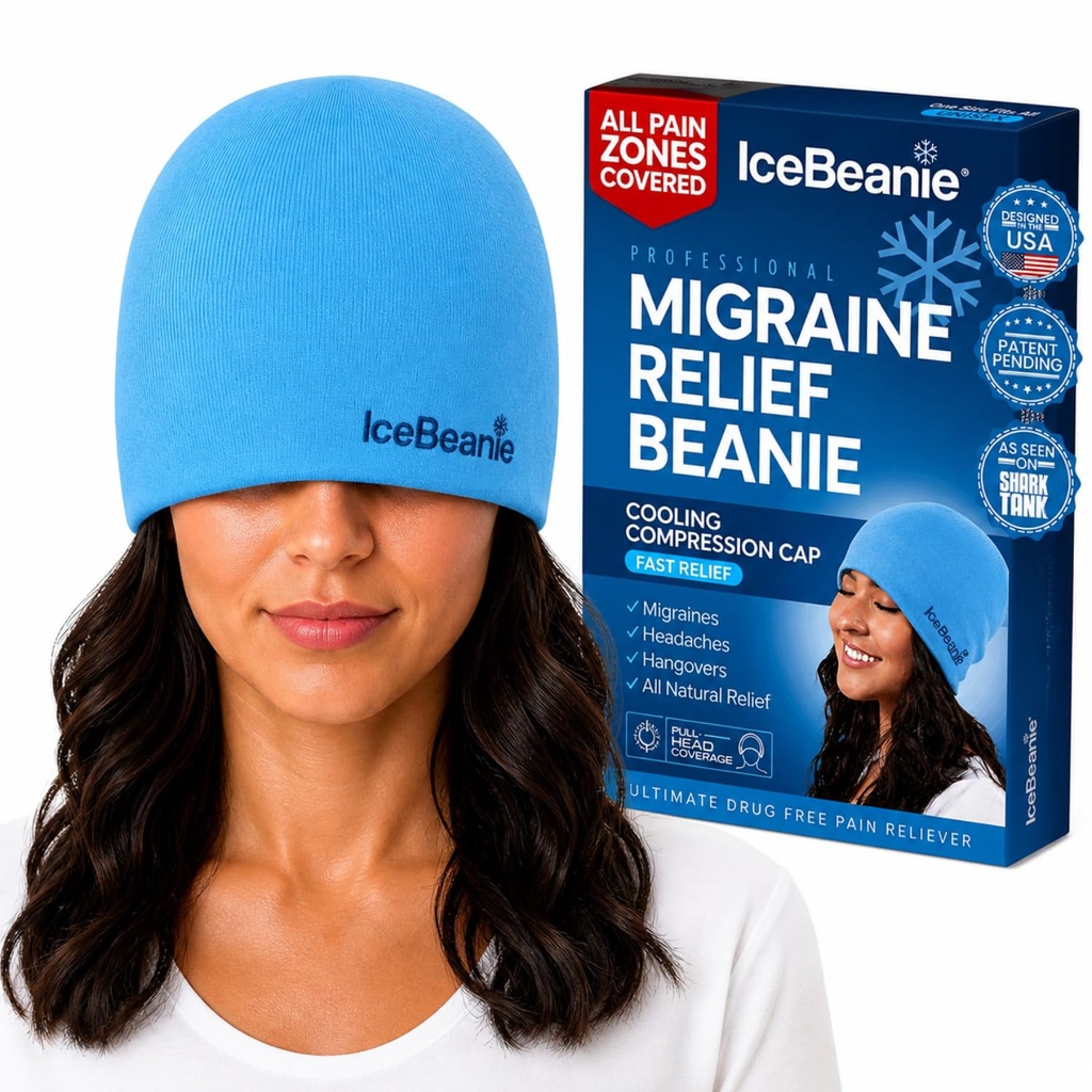 IceBeanie Migraine Relief Cap, As Visto en Shark Tank, Soft &amp; Stretchy Gel Tension Headache Relief Cap, Extended Cooling Hangover Ice Hat, Odorless Head Wrap Ice Pack Wrap, Headache Migraine Mask