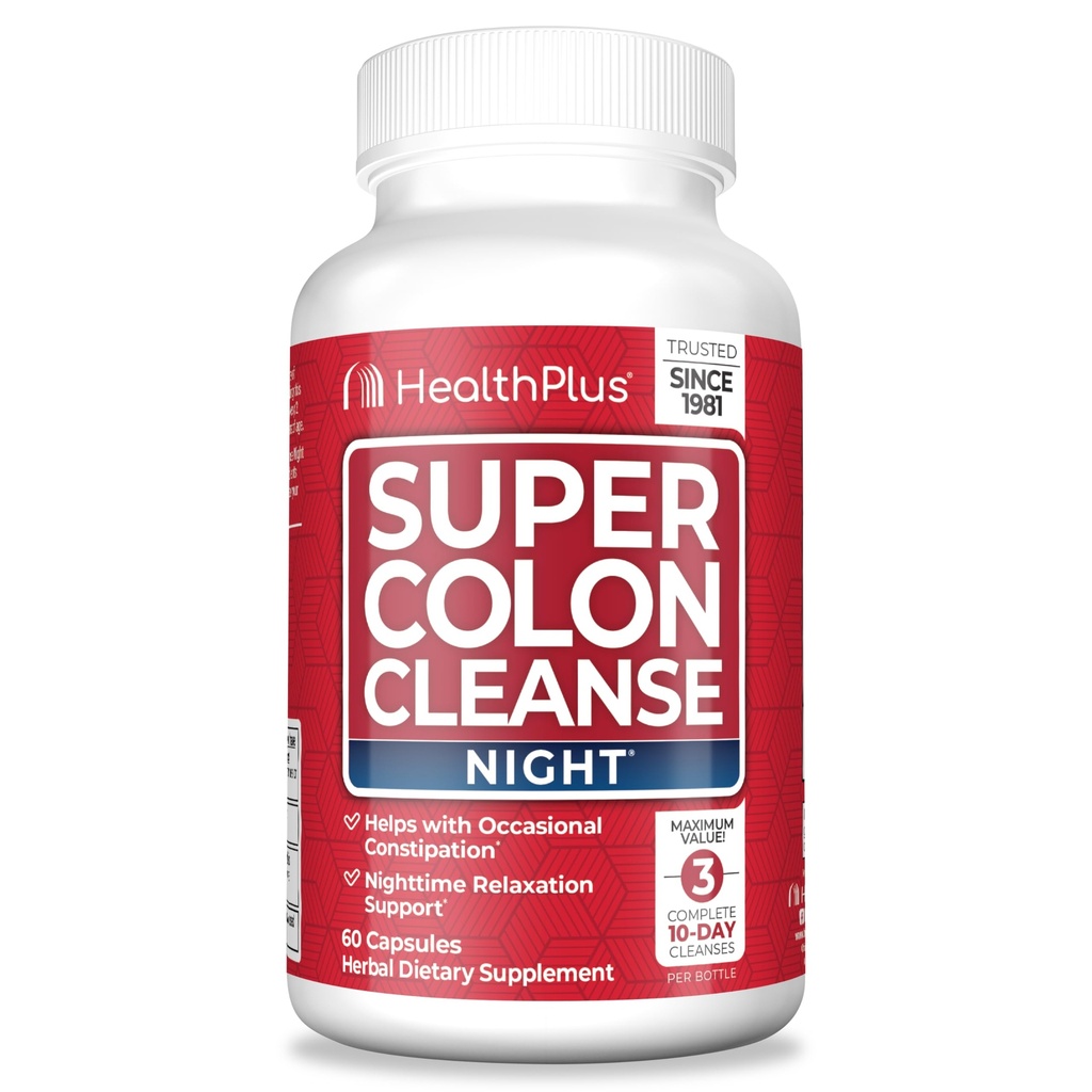Health Plus Super Colon Cleanse Night Fórmula Apoyo Digestivo Silencio Constipation Relief to Reduce Bloating with Probiotics and Valerian Root for Sleep TEN Más de 1 Cleanse, 60 Capsules
