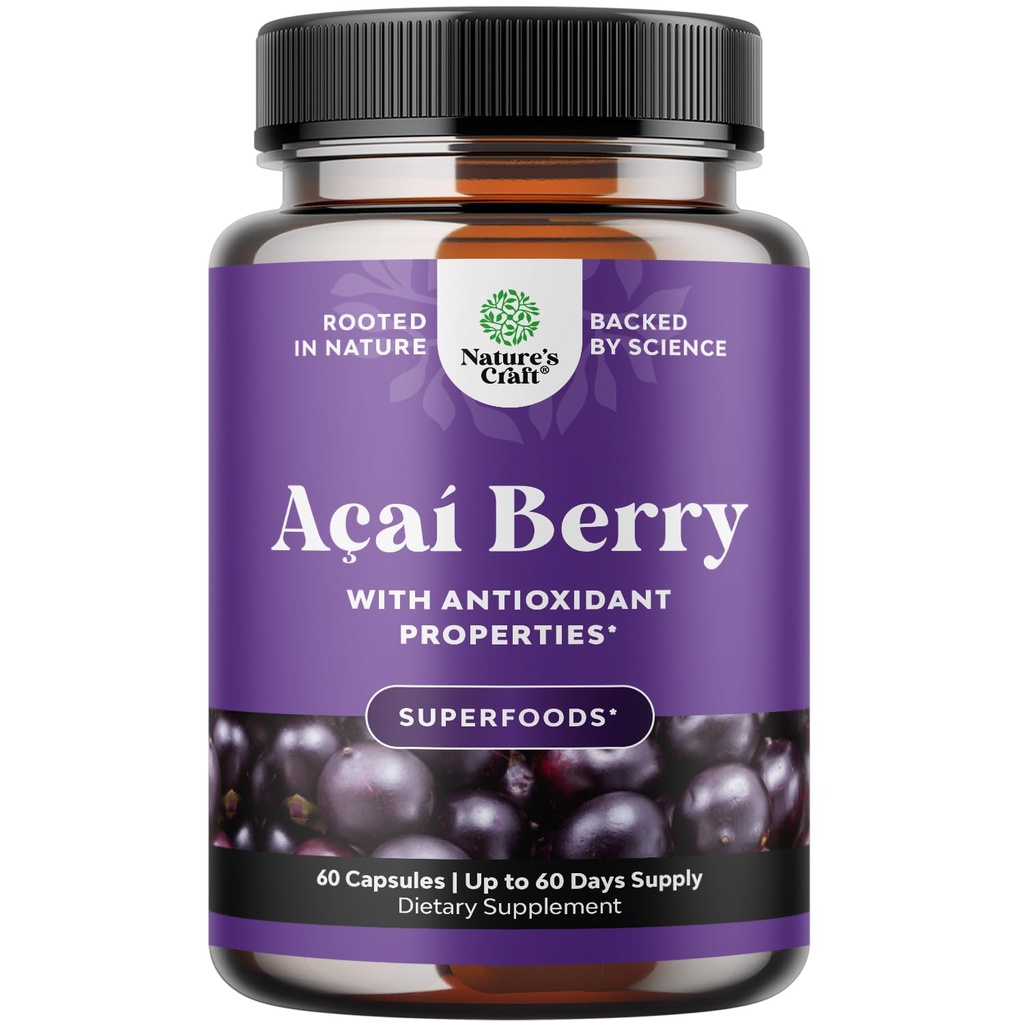 Naturalezas Artesanía Acai Berry Antioxidante Apoyo Perder peso Suplemento para Mujeres y Hombres - Vitaminas Minerales Antioxidante Fórmula Apoya Sistema Inmunitario y Boost Energy Cognitive Health - 60 Serviciones