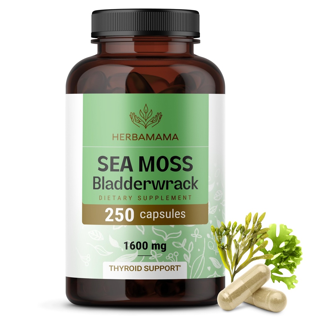 HERBAMAMA Irish Sea Moss Capsules - 1600mg Sea Moss and Bladderwrack for Immune Support - Vegan, Non-GMO Immunity Supplement for General Support